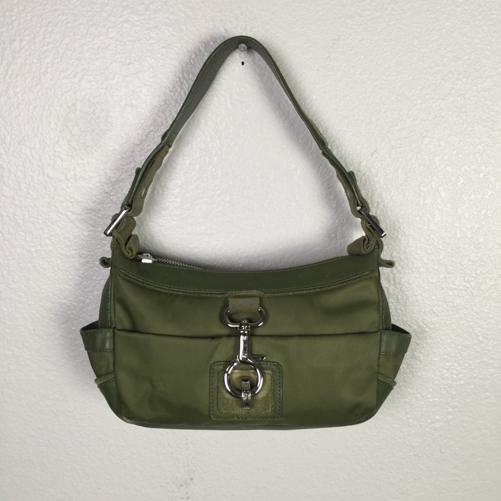 FURLA- Olive green nylon and leather shoulder bag with front clasp